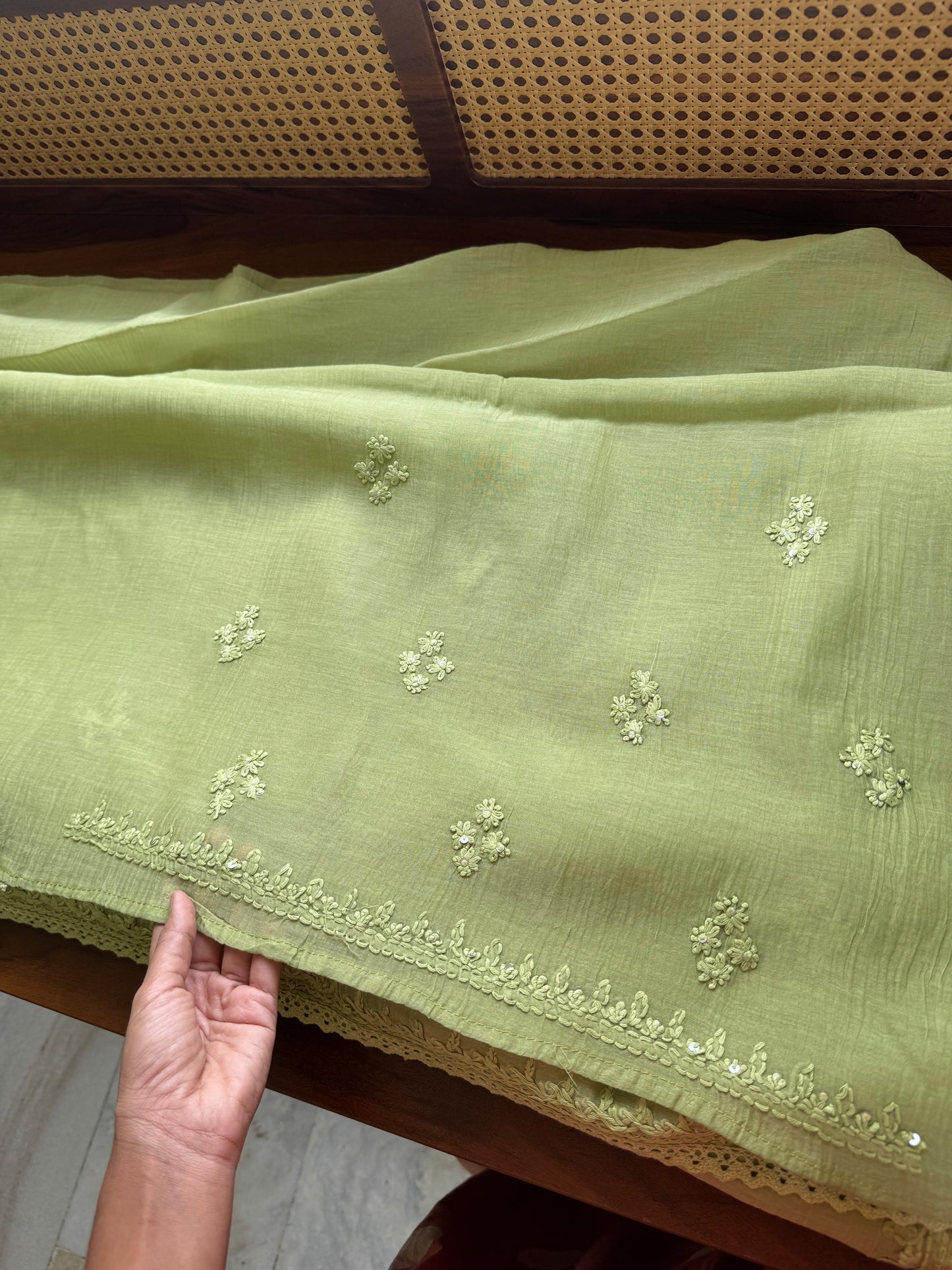Pure Mul Chanderi Chikankari Saree -Pastel Green