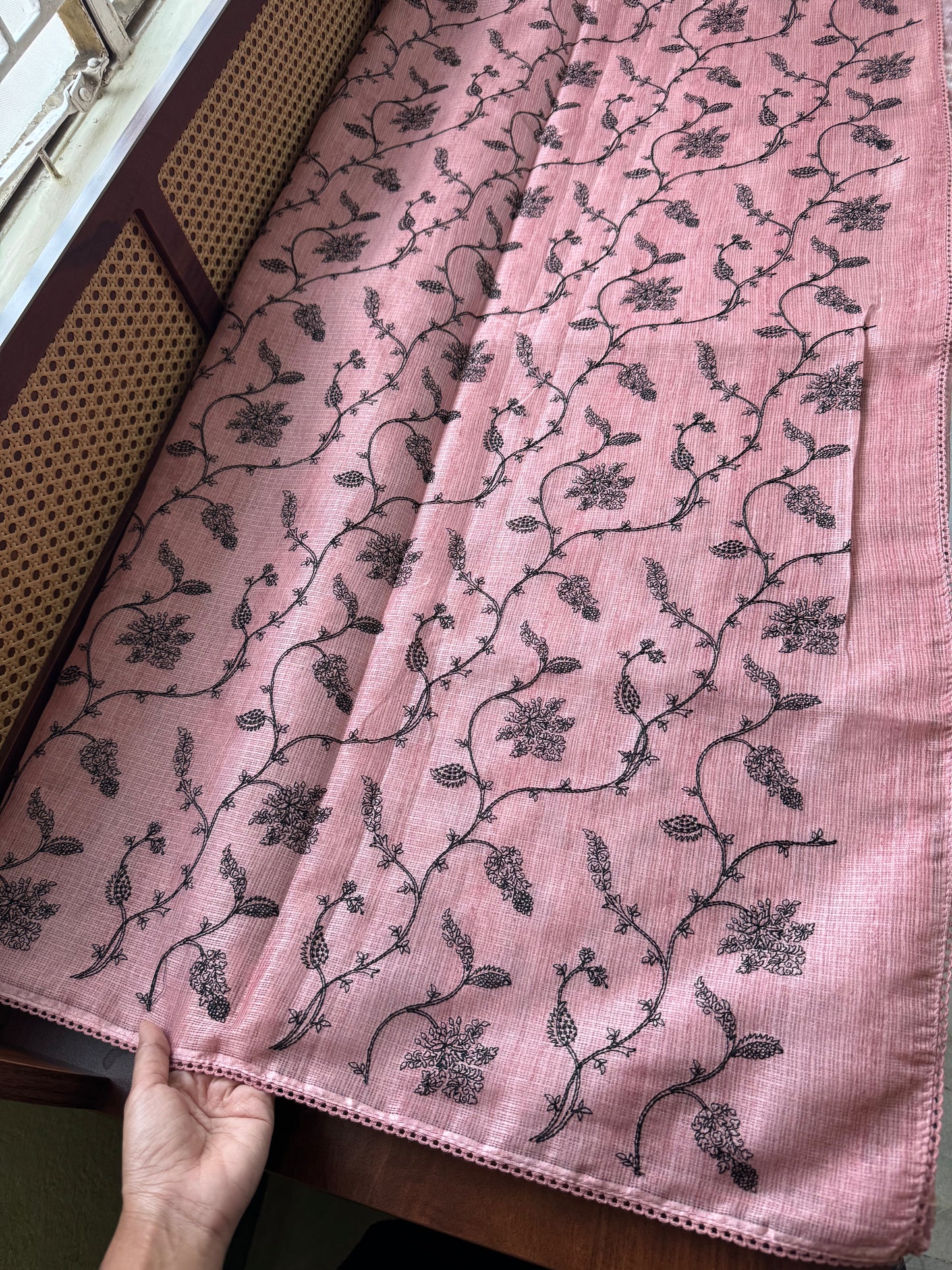 Embroidered Silky Kota Saree - Pastel Peach