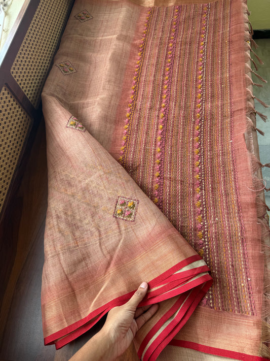 Premium Tissue Linen Sarees with heavy blouse - Peach