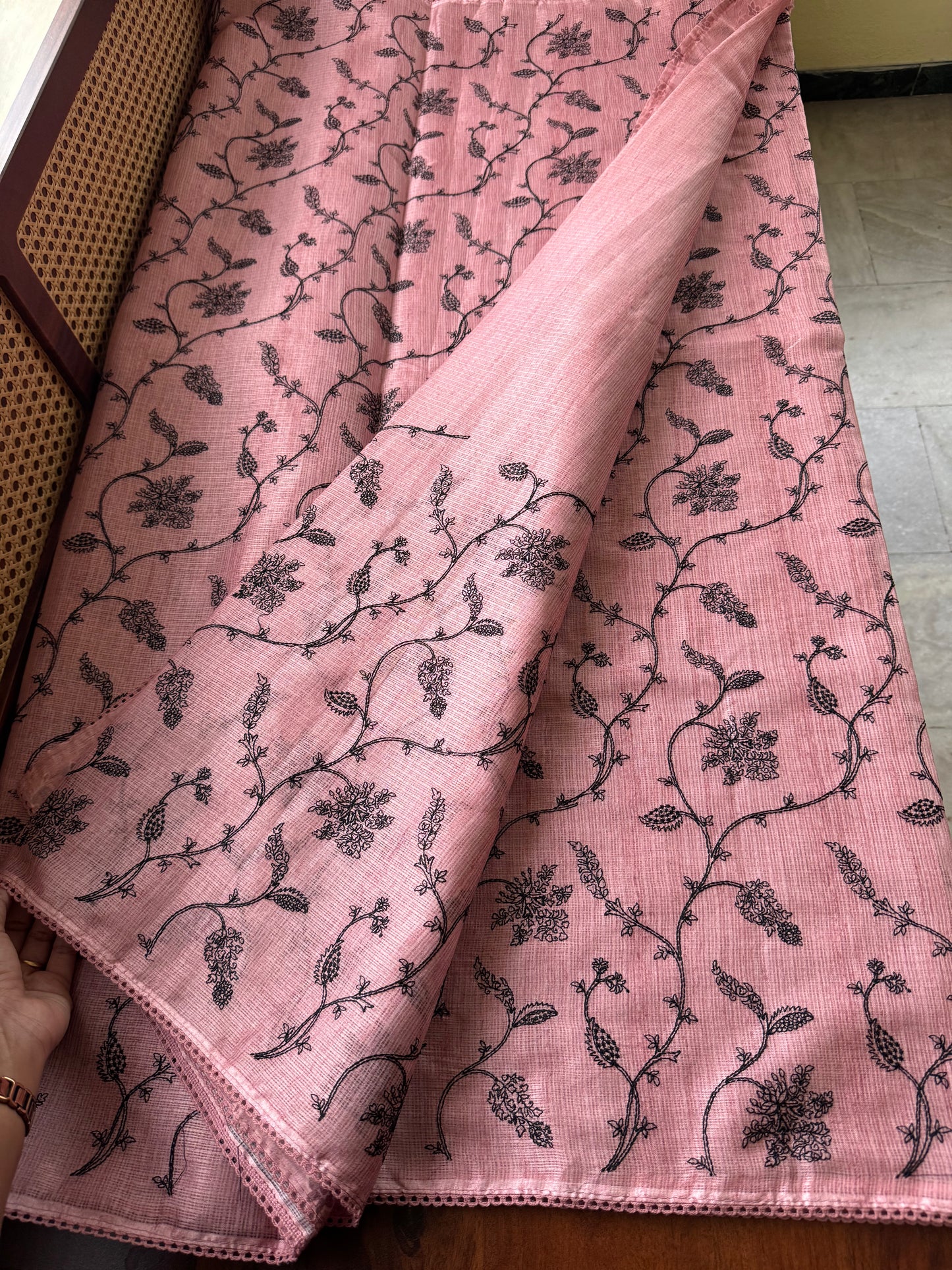 Embroidered Silky Kota Saree - Pastel Peach