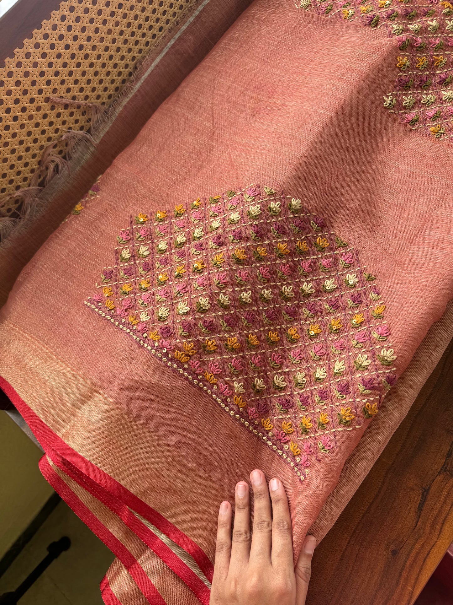 Premium Tissue Linen Sarees with heavy blouse - Peach