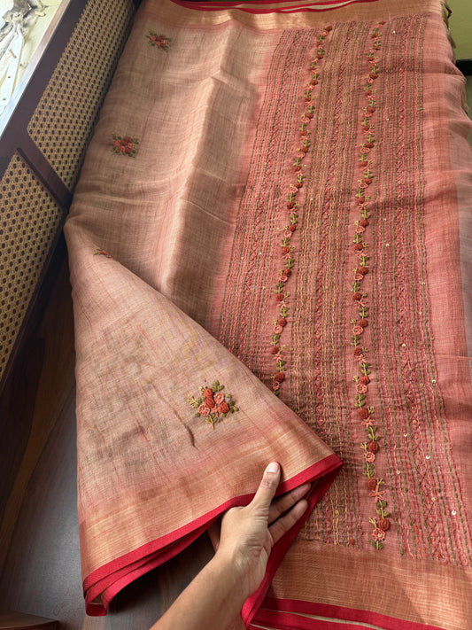 Premium Tissue Linen Sarees with heavy blouse - Peach