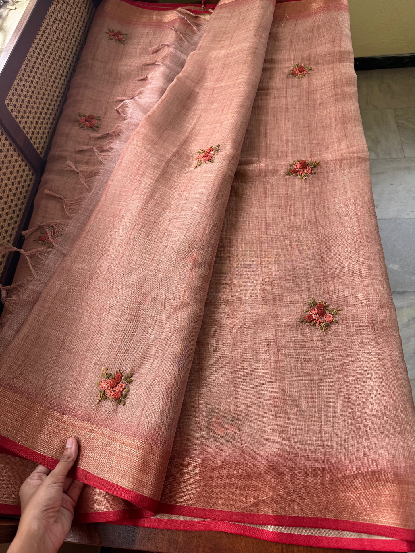 Premium Tissue Linen Sarees with heavy blouse - Peach