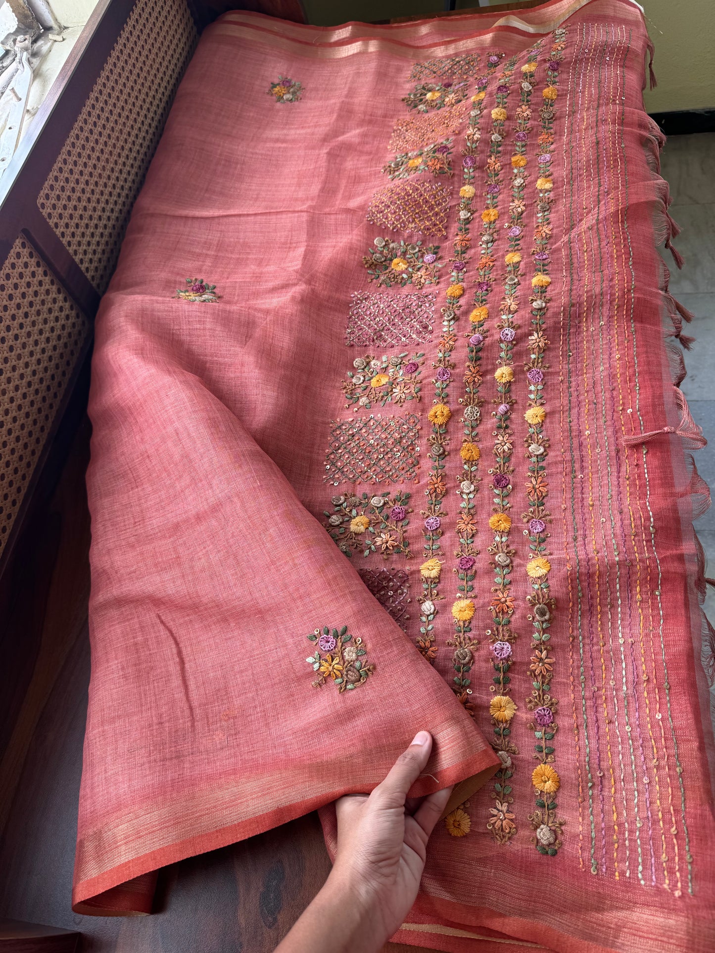 Premium Tissue Linen Sarees with heavy blouse - Peach