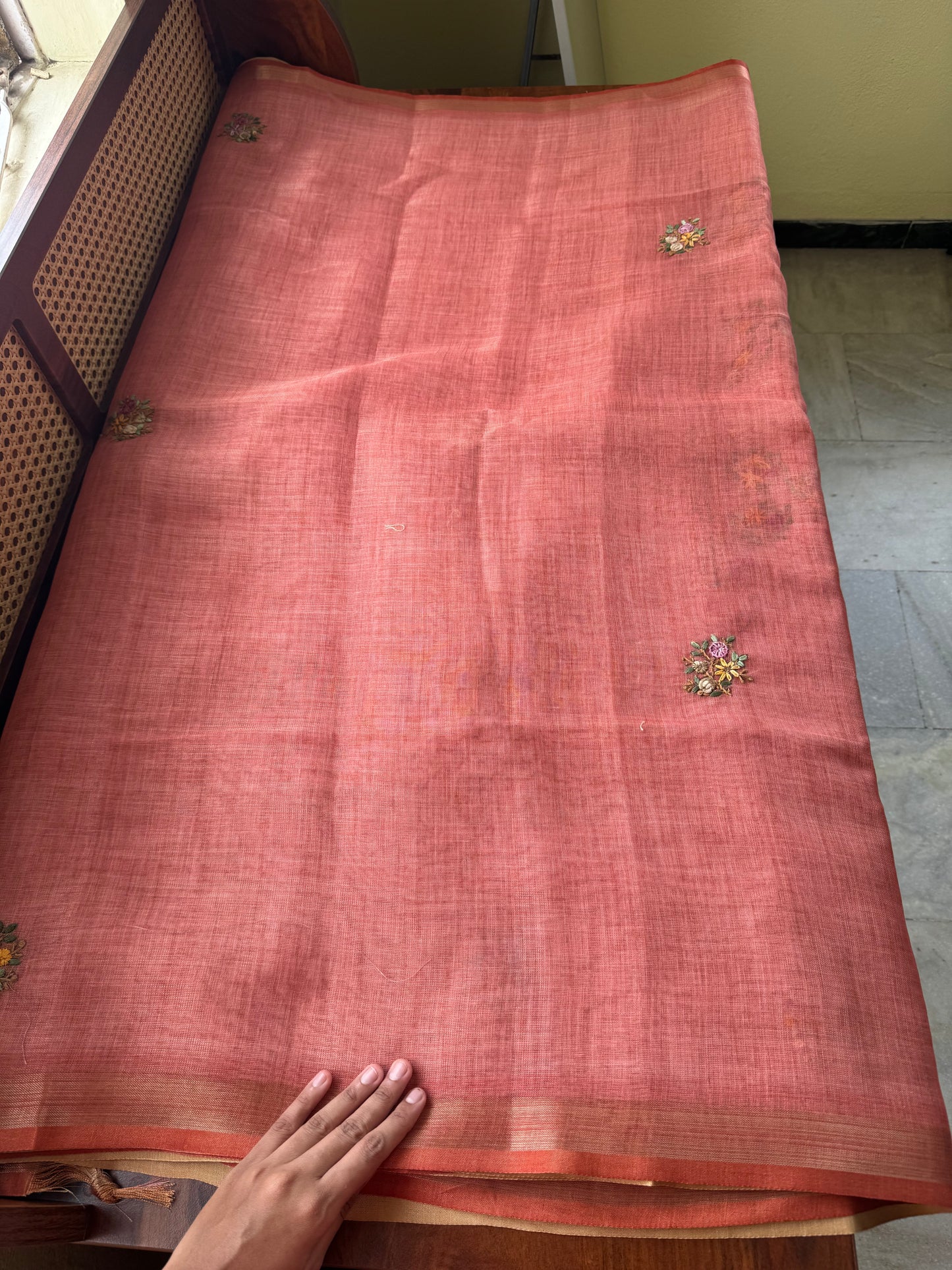 Premium Tissue Linen Sarees with heavy blouse - Peach