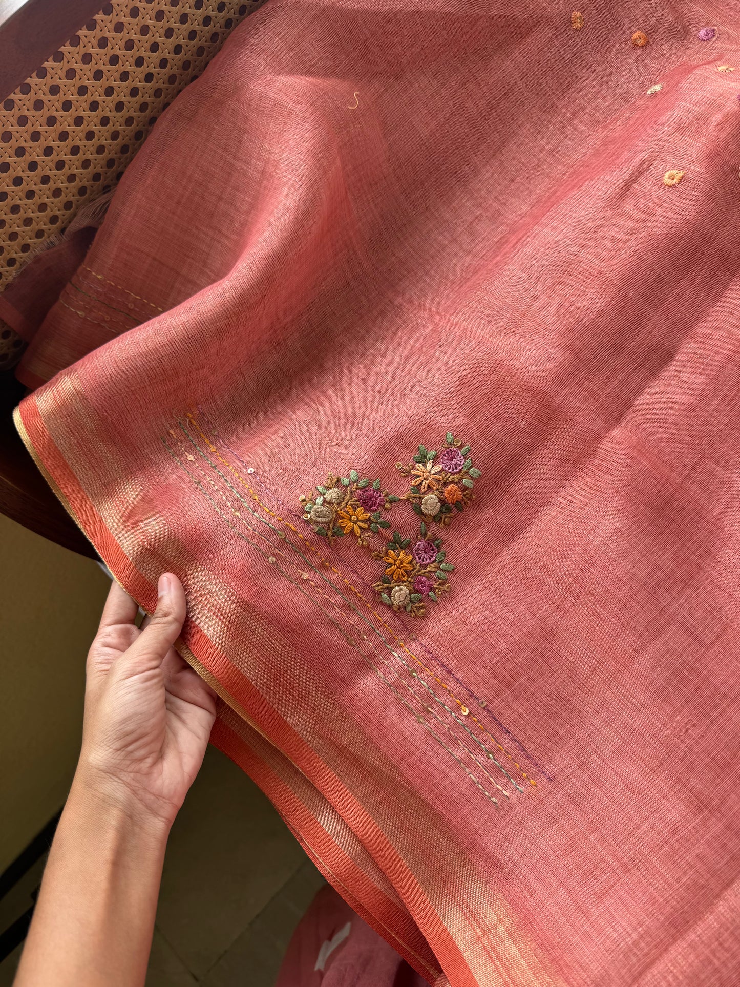 Premium Tissue Linen Sarees with heavy blouse - Peach
