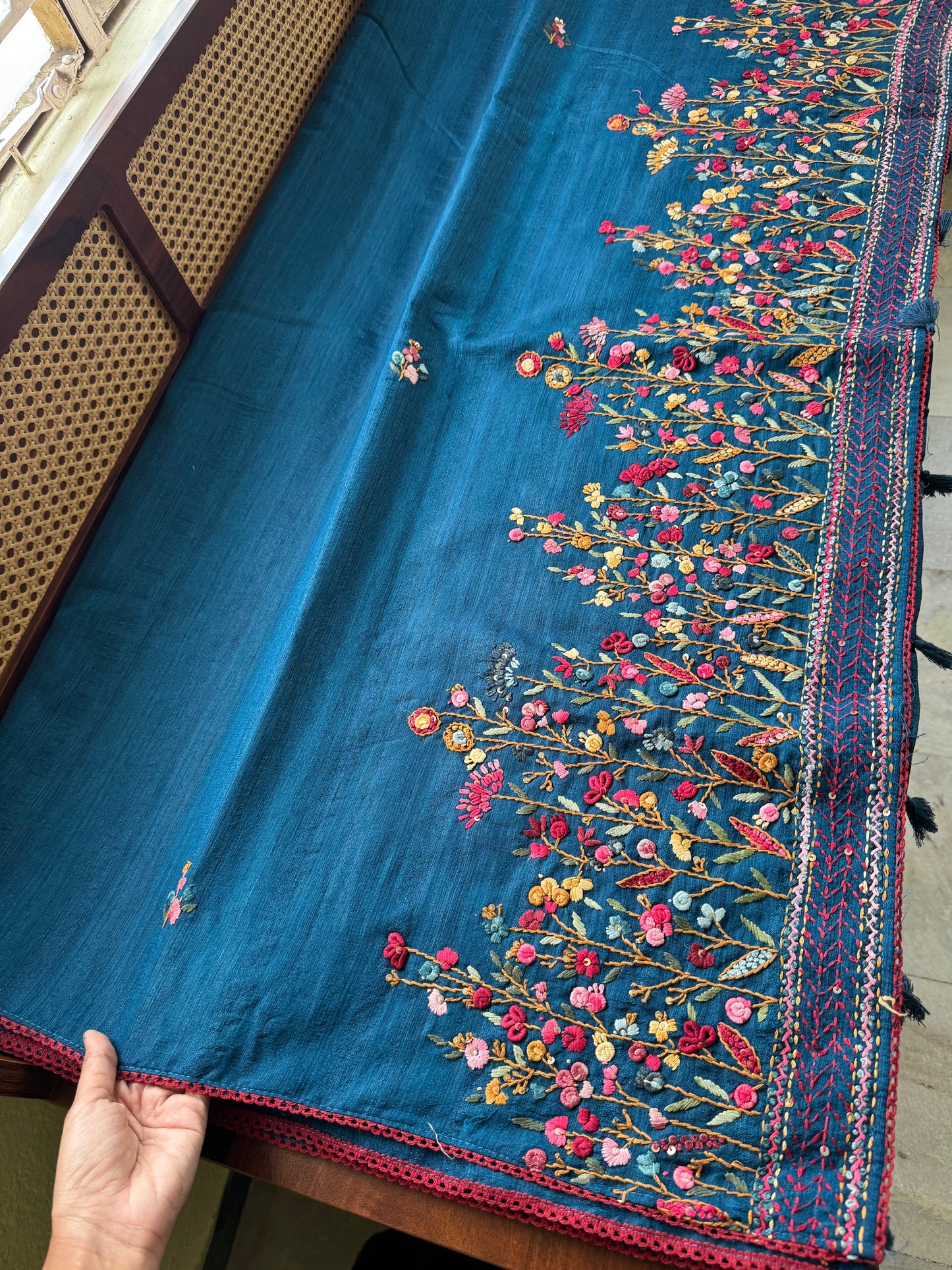 Kosa Tussar Hand Embroidery Saree - Blue