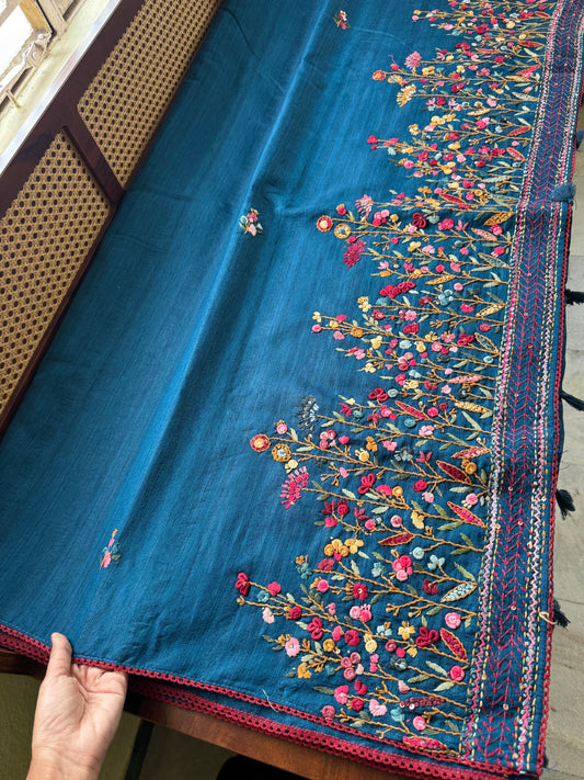 Kosa Tussar Hand Embroidery Saree - Blue