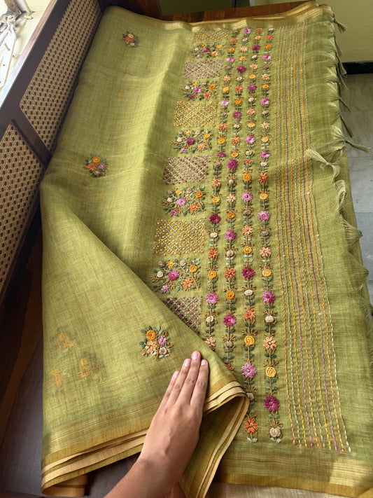 Premium Tissue Linen Sarees with heavy blouse - Green
