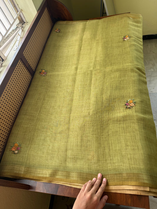Premium Tissue Linen Sarees with heavy blouse - Green