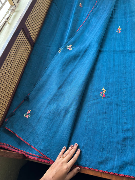 Kosa Tussar Hand Embroidery Saree - Blue