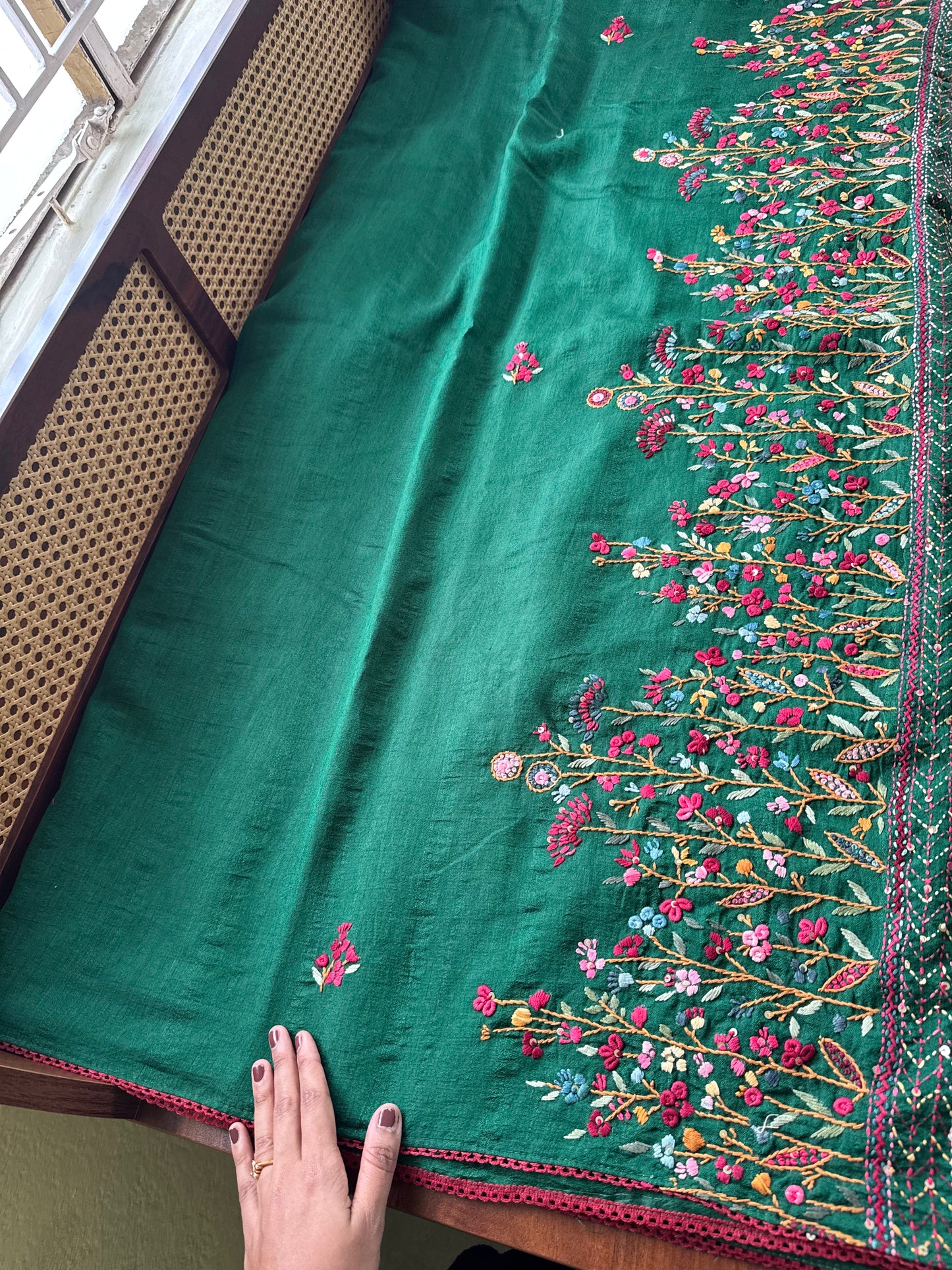 Kosa Tussar Hand Embroidery Saree - Green