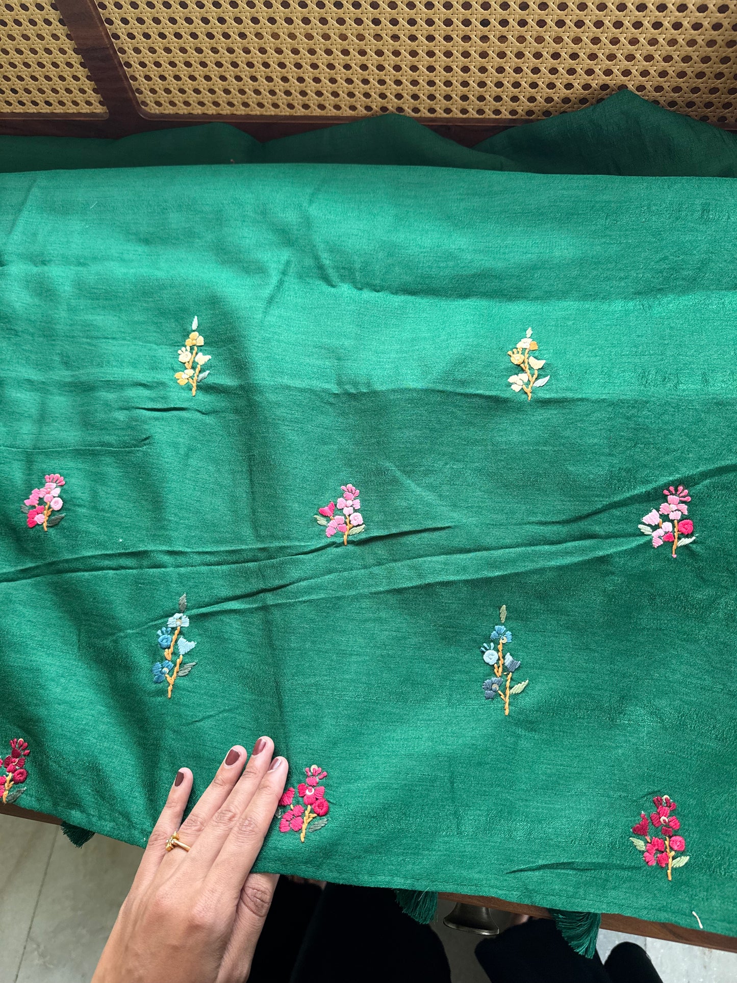 Kosa Tussar Hand Embroidery Saree - Green