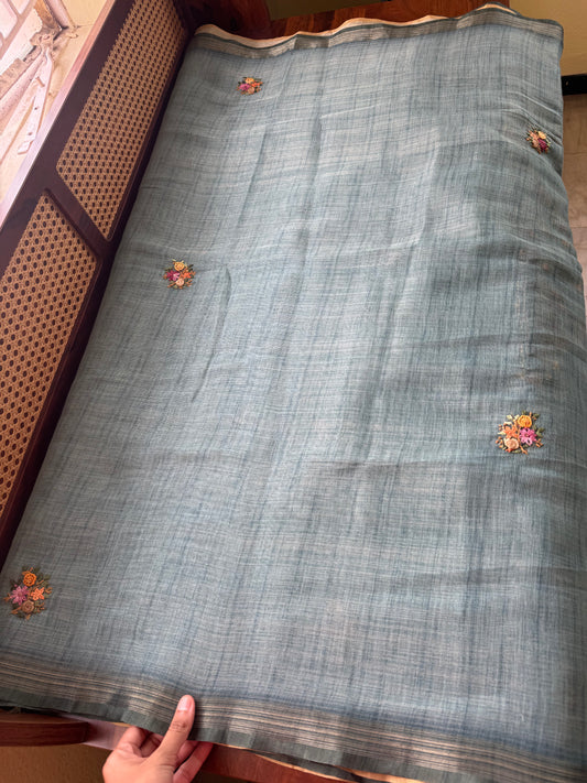 Premium Tissue Linen Sarees with heavy blouse - Blue