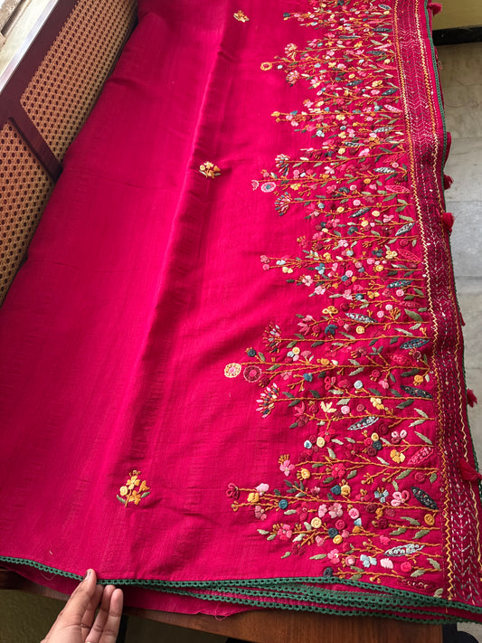Kosa Tussar Hand Embroidery Saree - Pink
