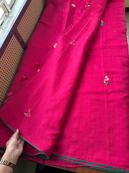 Kosa Tussar Hand Embroidery Saree - Pink