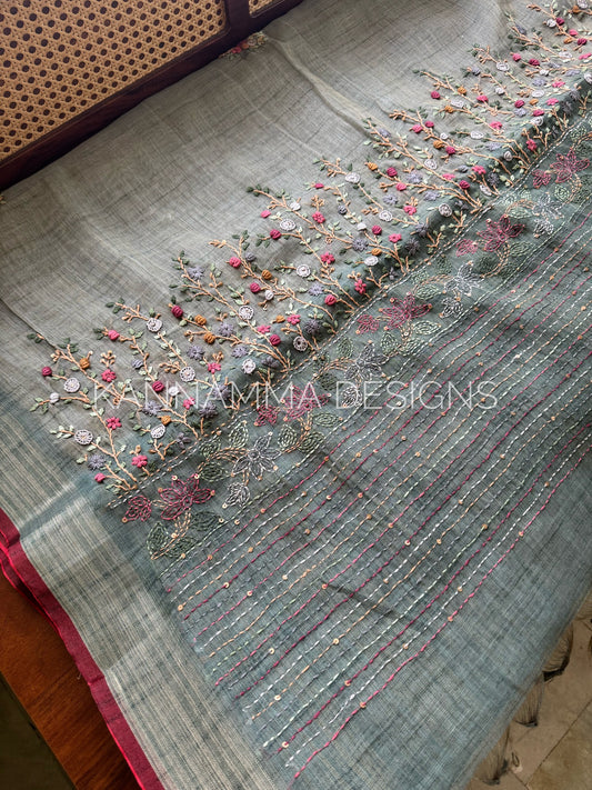 Premium Tissue Linen Sarees -Sage Green