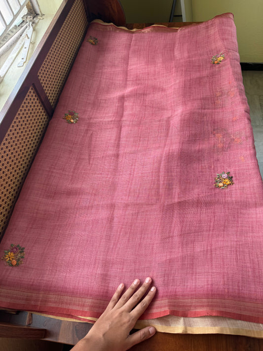 Premium Tissue Linen Sarees with heavy blouse - Pink