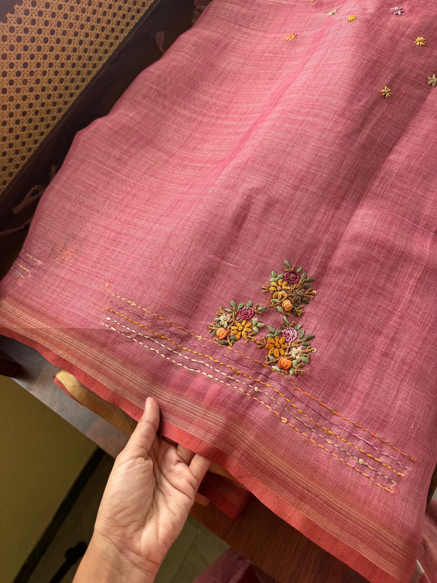 Premium Tissue Linen Sarees with heavy blouse - Pink