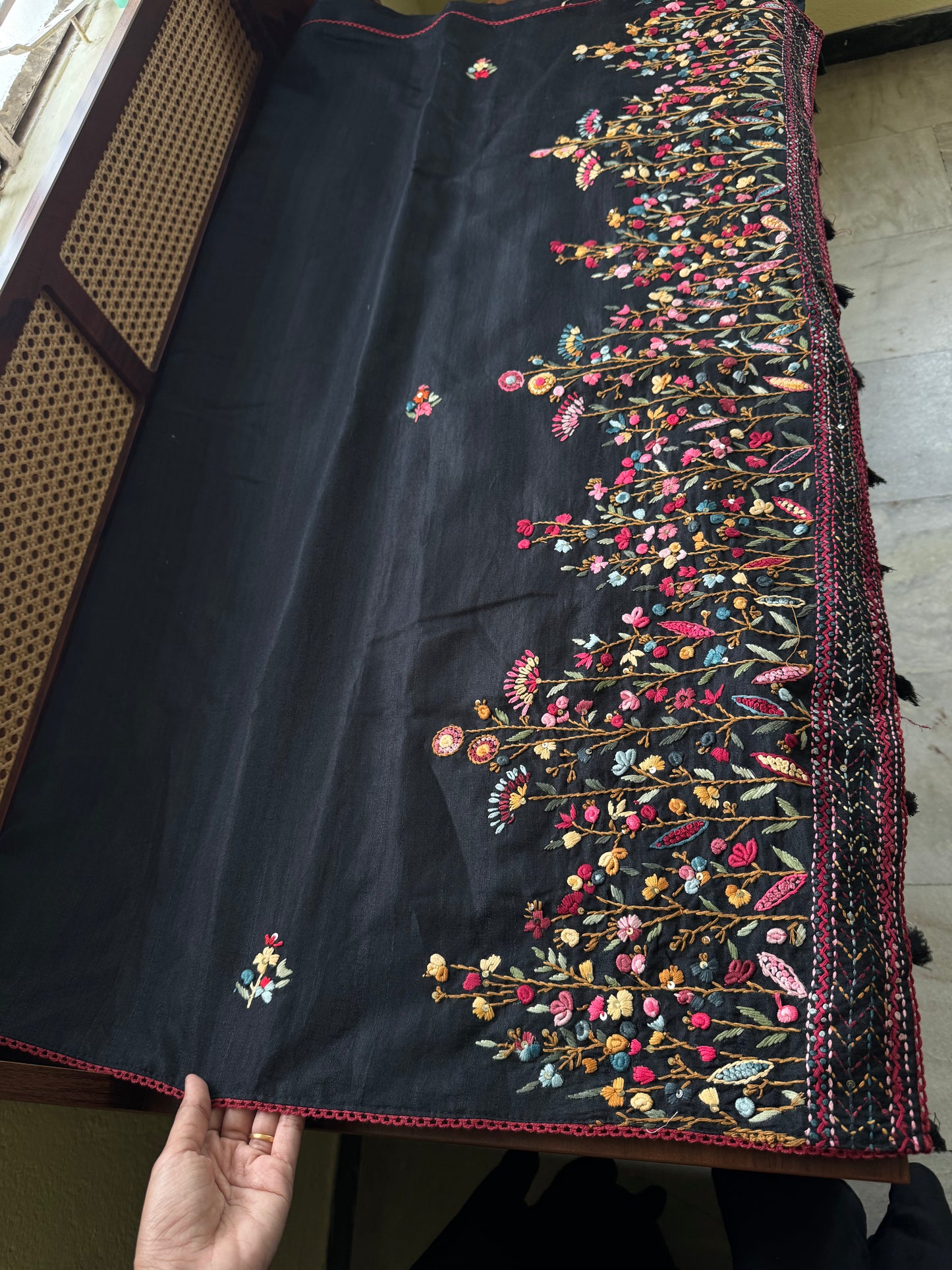 Kosa Tussar Hand Embroidery Saree - Black