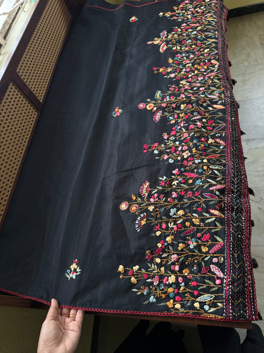 Kosa Tussar Hand Embroidery Saree - Black