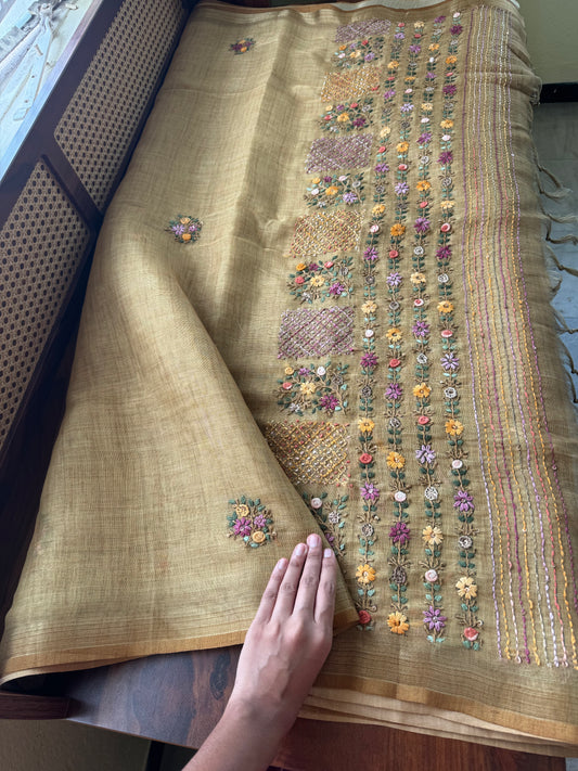 Premium Tissue Linen Sarees with heavy blouse - Henna Green