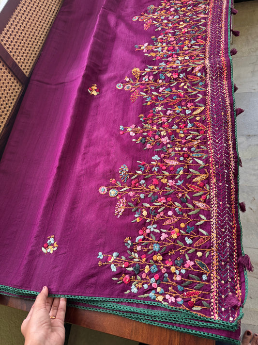 Kosa Tussar Hand Embroidery Saree - Purple
