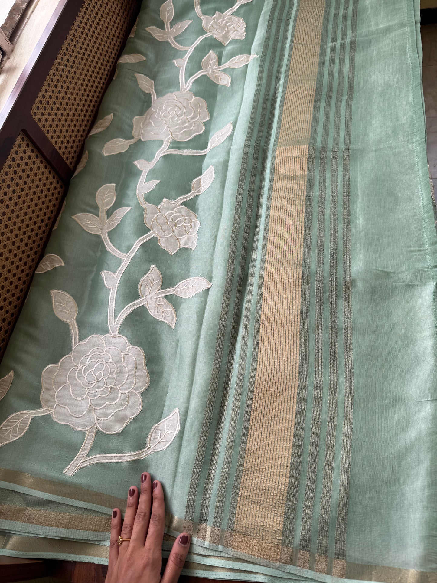 Mul Chanderi Tissue Saree with appliqué - Green
