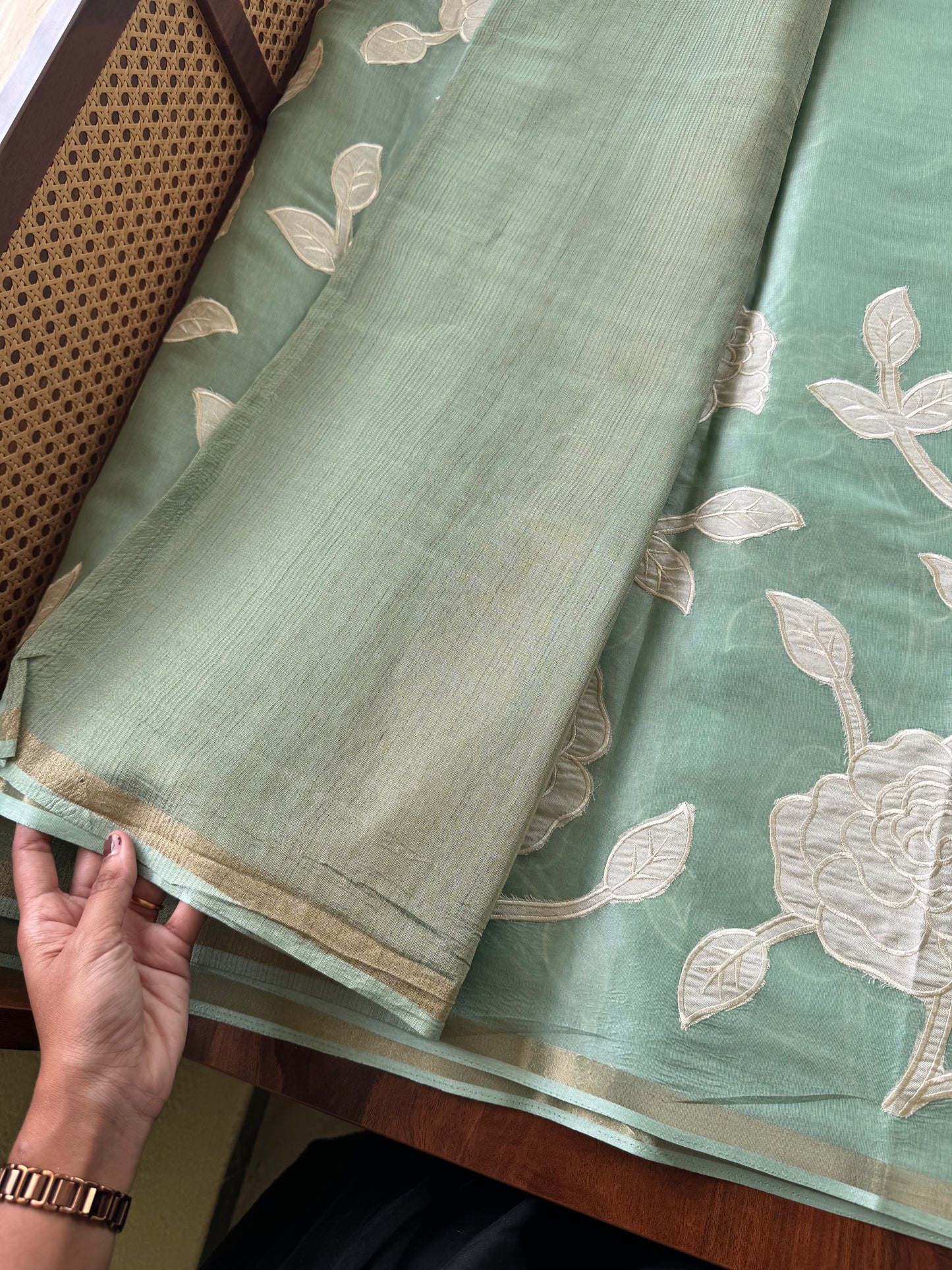 Mul Chanderi Tissue Saree with appliqué - Green