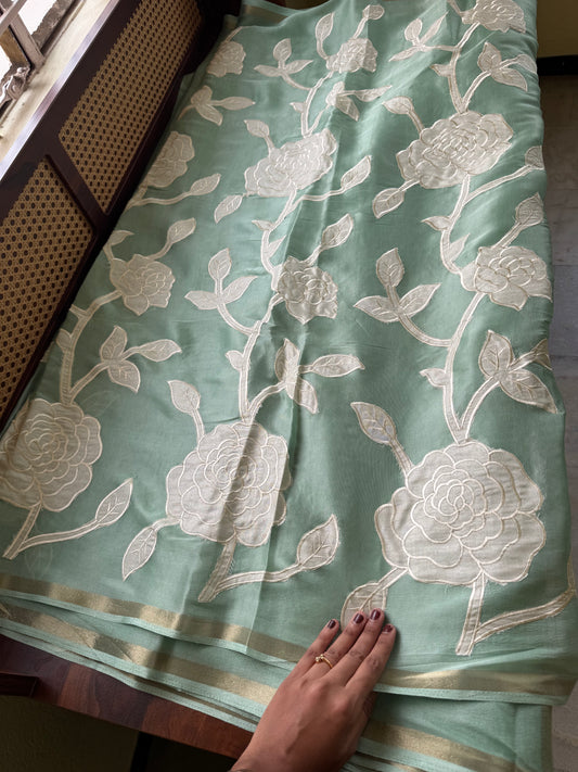 Mul Chanderi Tissue Saree with appliqué - Green