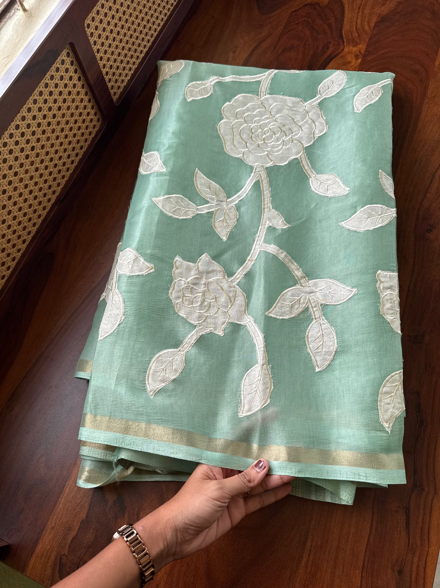 Mul Chanderi Tissue Saree with appliqué - Green