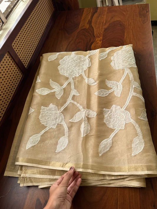 Mul Chanderi Tissue Saree with appliqué - Beige