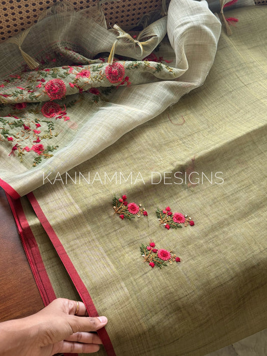 Premium Tissue Linen Sarees -Green