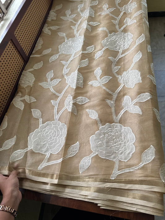 Mul Chanderi Tissue Saree with appliqué - Beige