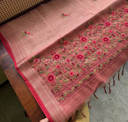 Premium Tissue Linen Sarees -Peach Pink