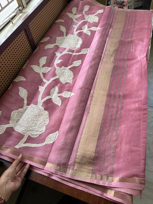 Mul Chanderi Tissue Saree with appliqué - Pink