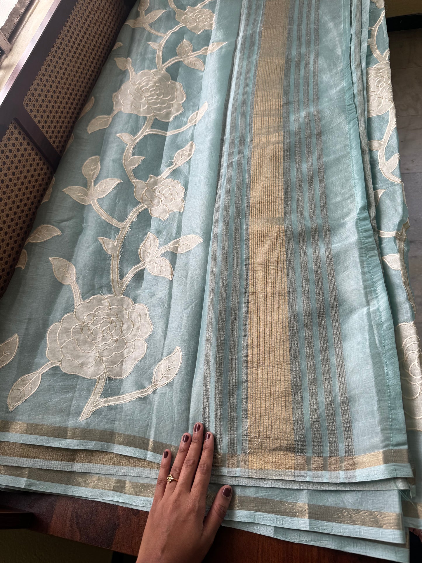 Mul Chanderi Tissue Saree with appliqué - Blue