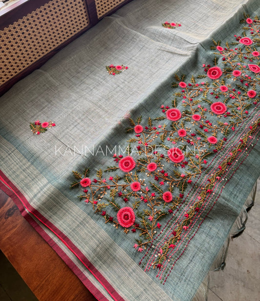 Premium Tissue Linen Sarees -Sage Green