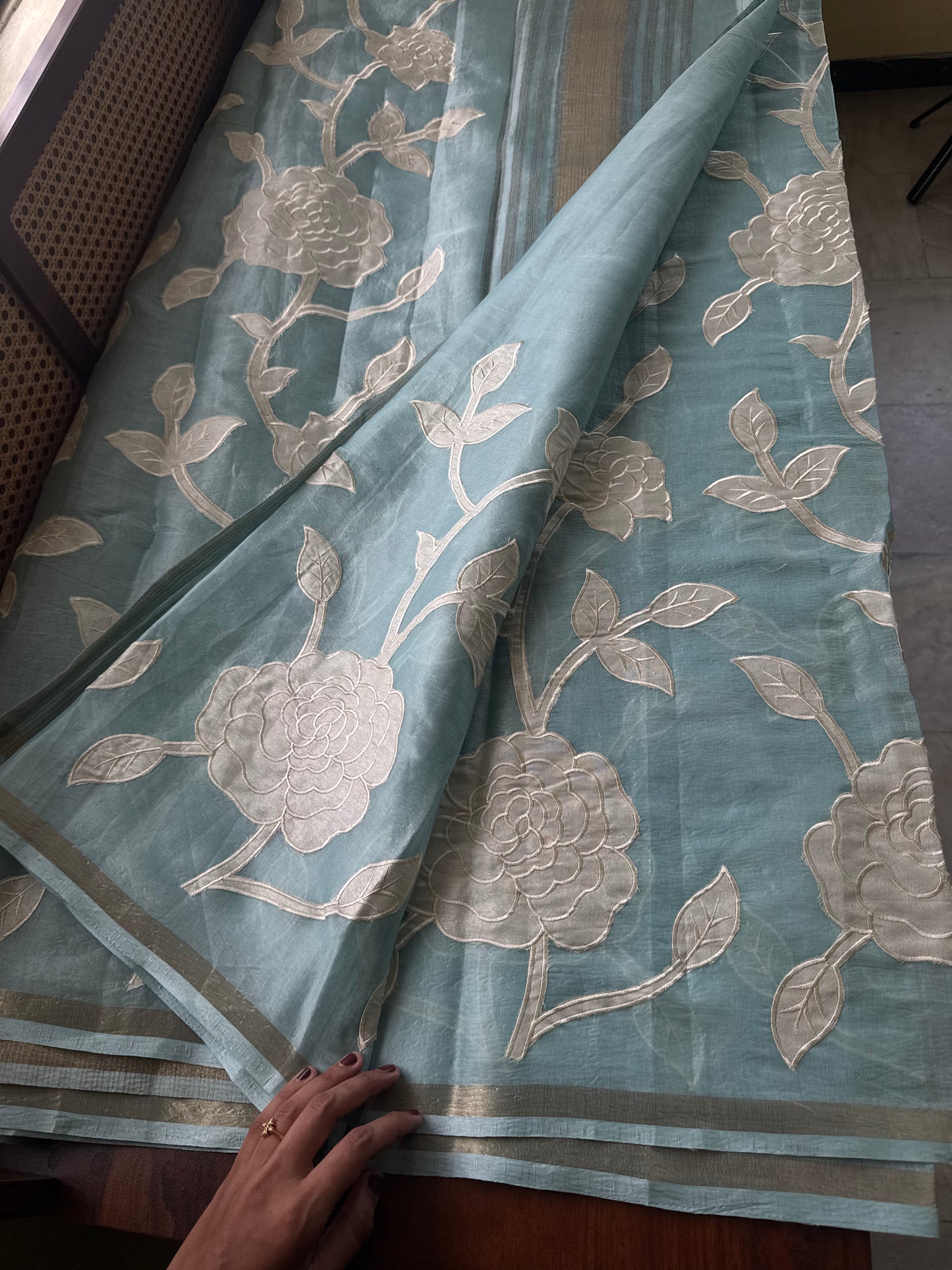 Mul Chanderi Tissue Saree with appliqué - Blue