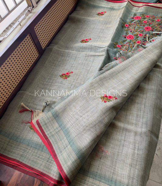Premium Tissue Linen Sarees -Sage Green