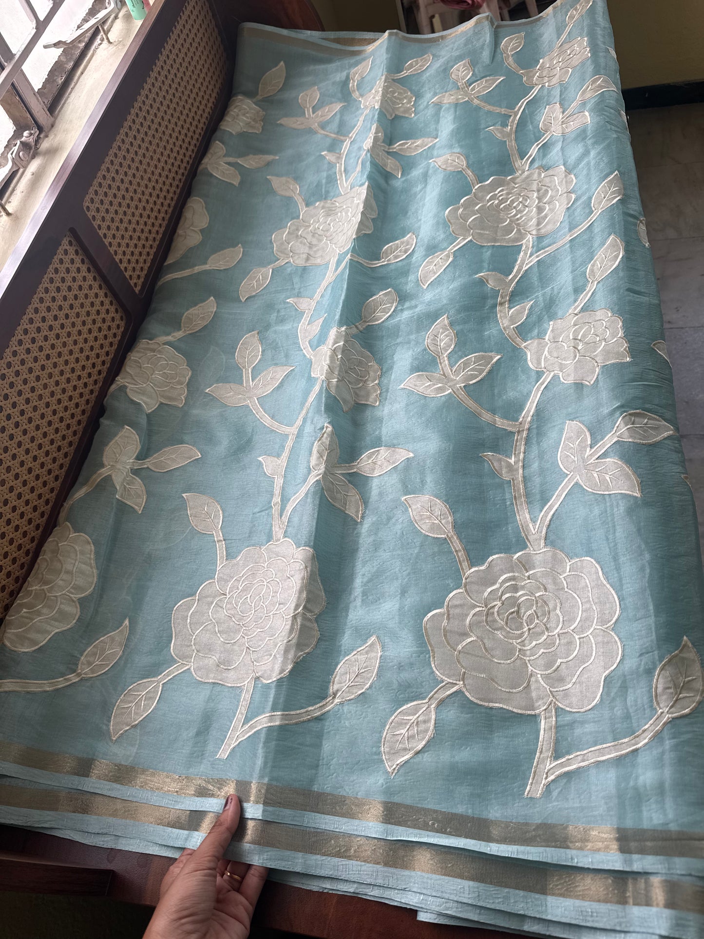 Mul Chanderi Tissue Saree with appliqué - Blue