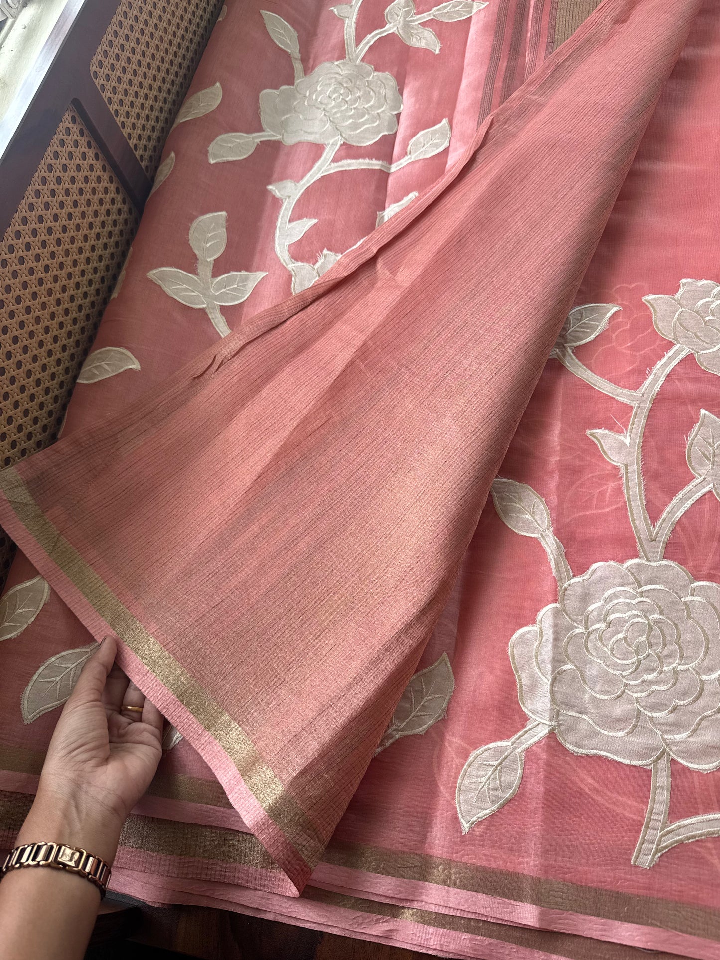 Mul Chanderi Tissue Saree with appliqué - Peach