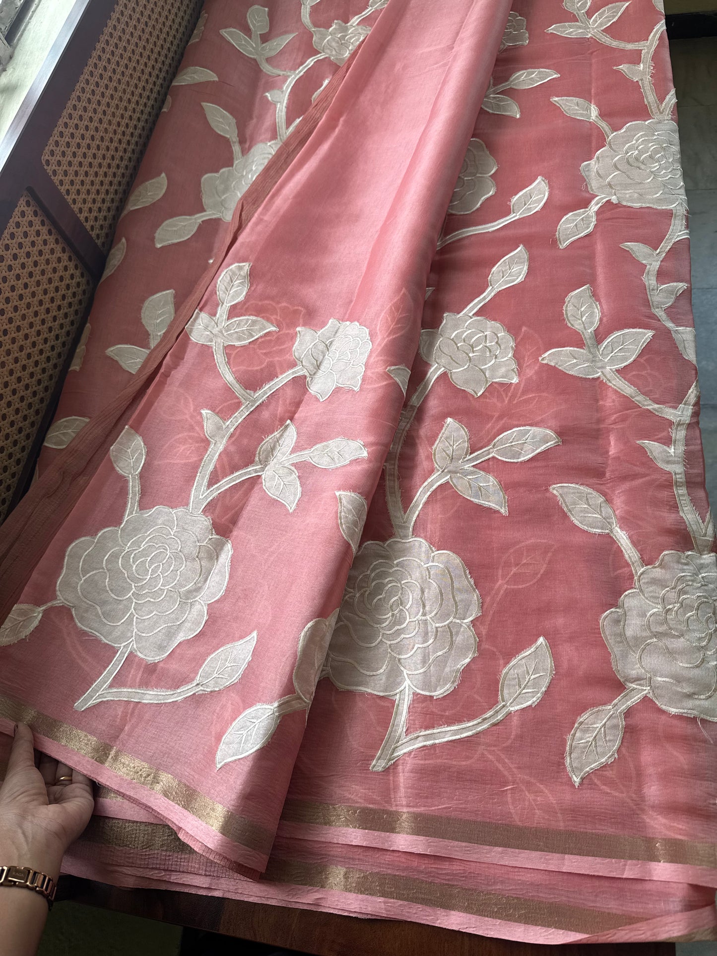 Mul Chanderi Tissue Saree with appliqué - Peach