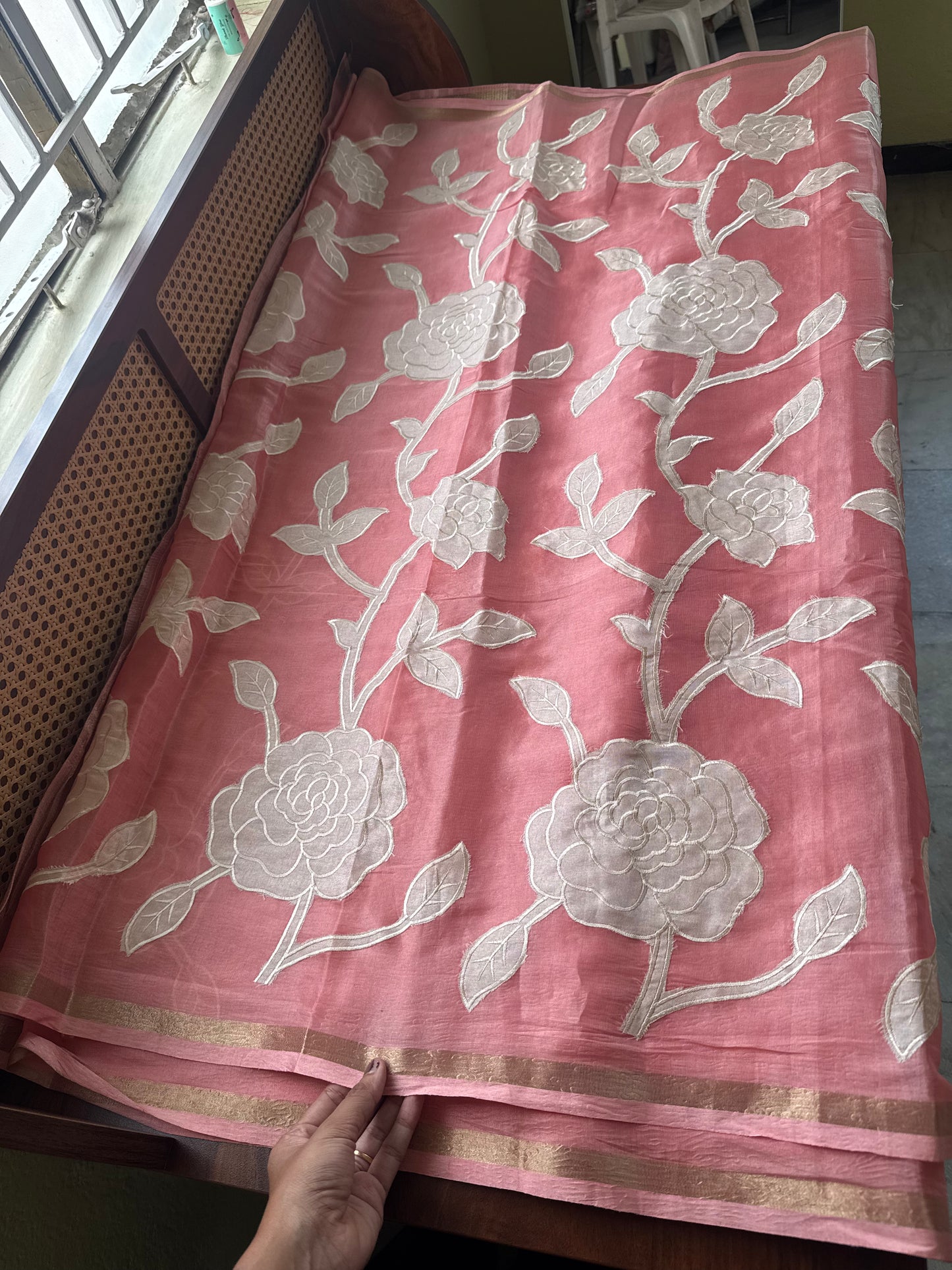 Mul Chanderi Tissue Saree with appliqué - Peach