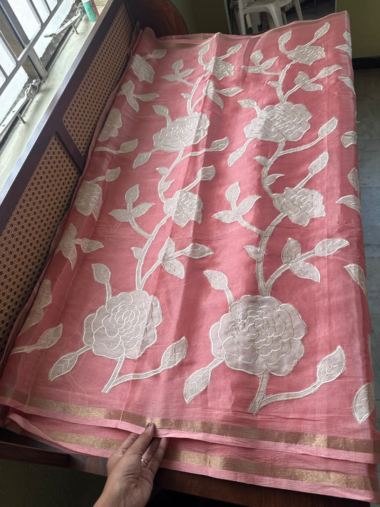 Mul Chanderi Tissue Saree with appliqué - Peach