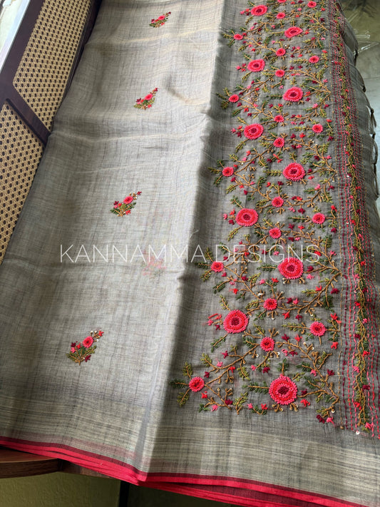 Premium Tissue Linen Sarees - Grey