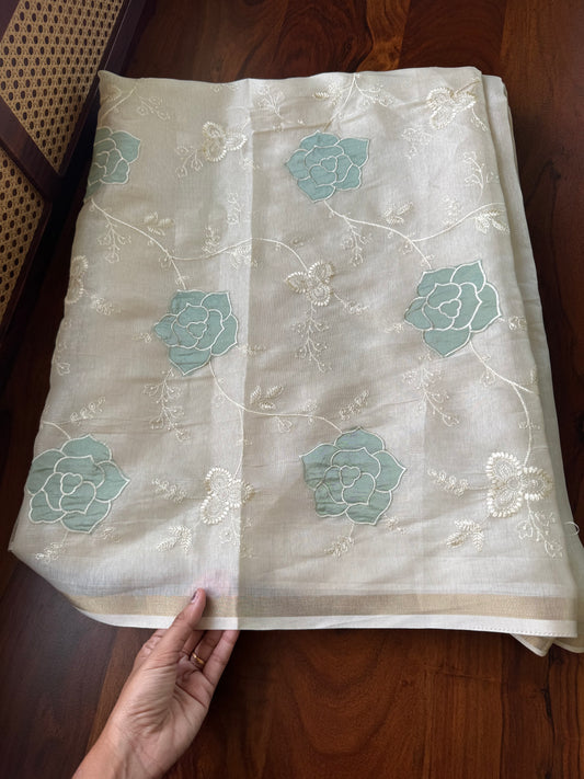 Mul Chanderi Tissue Saree - Cream & Blue