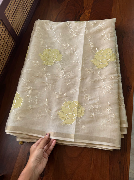 Mul Chanderi Tissue Saree - Cream & Yellow Golden