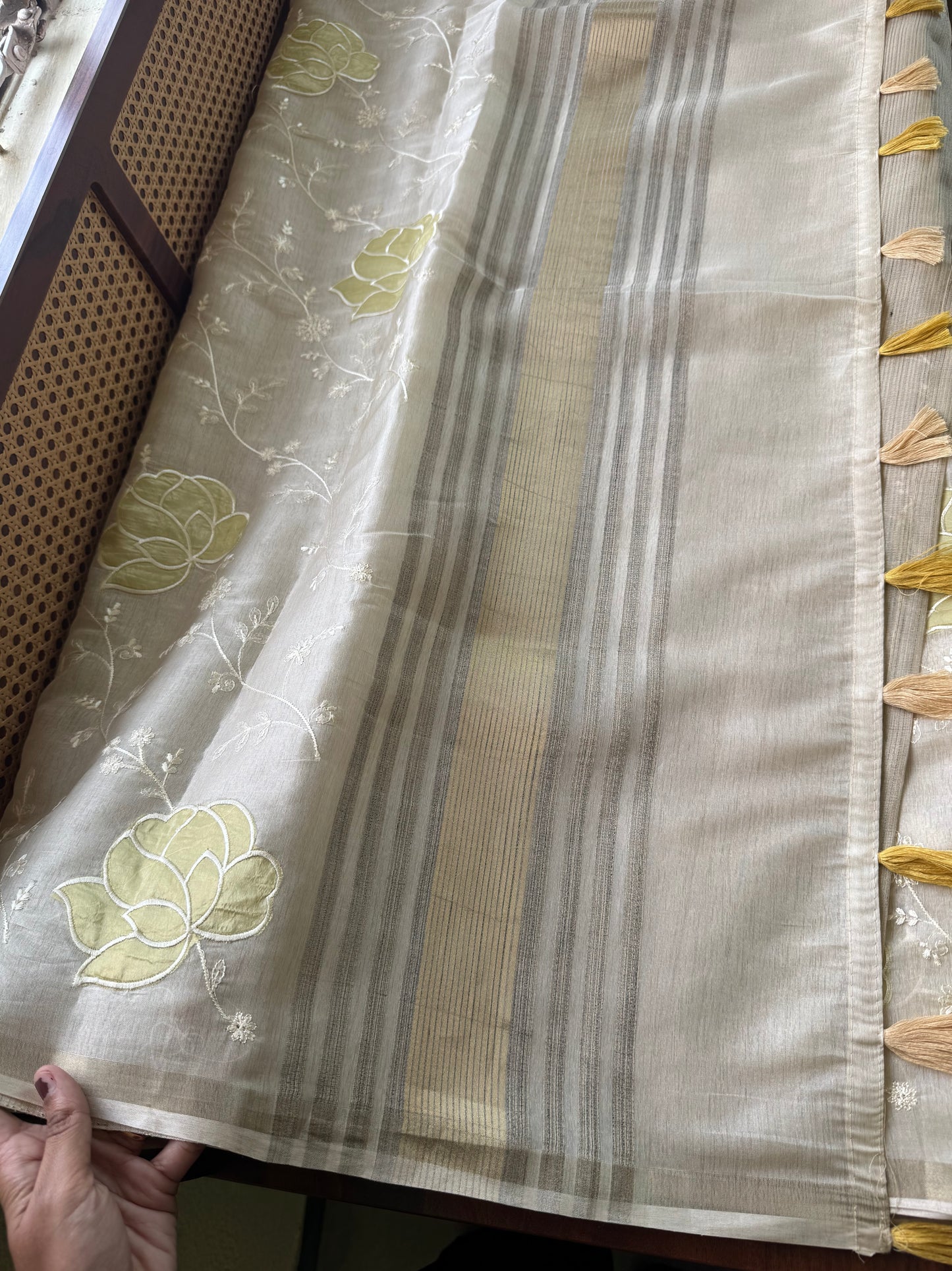 Mul Chanderi Tissue Saree - Cream & Yellow Golden