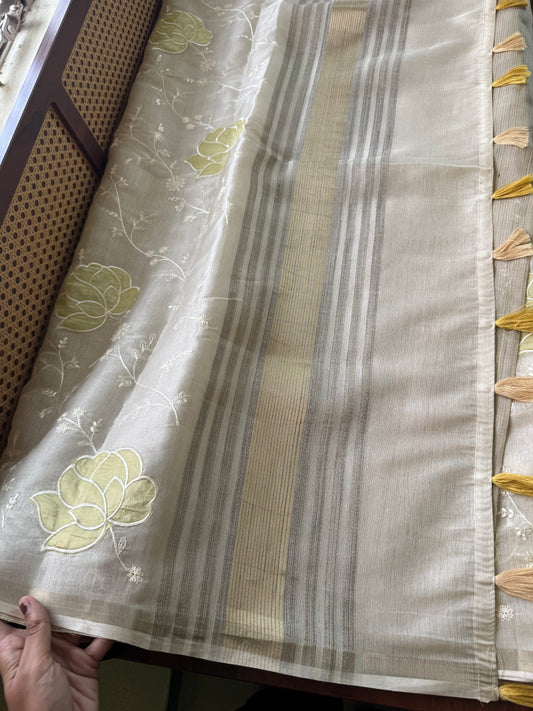 Mul Chanderi Tissue Saree - Cream & Yellow Golden